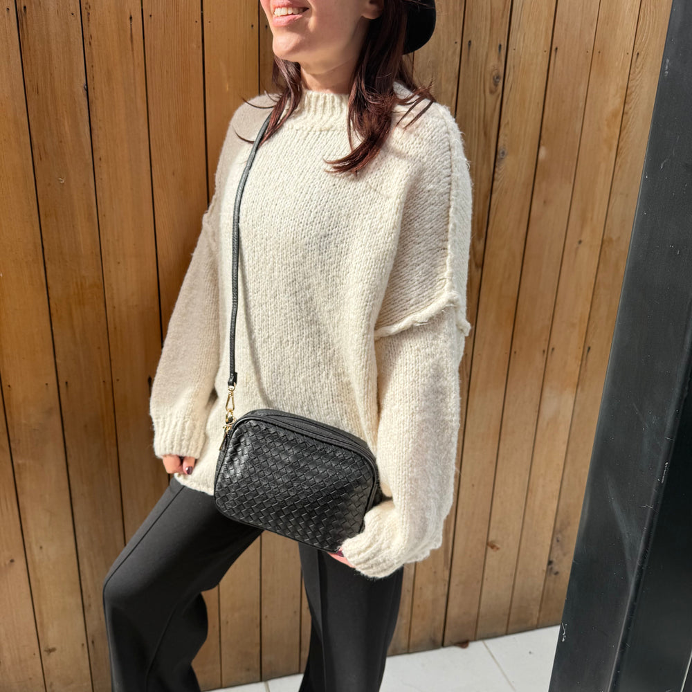 Woven camera crossbody bag