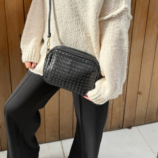 Woven camera crossbody bag